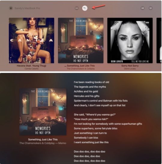 view song lyrics in Apple Music on iOS, Mac and Apple TV: 