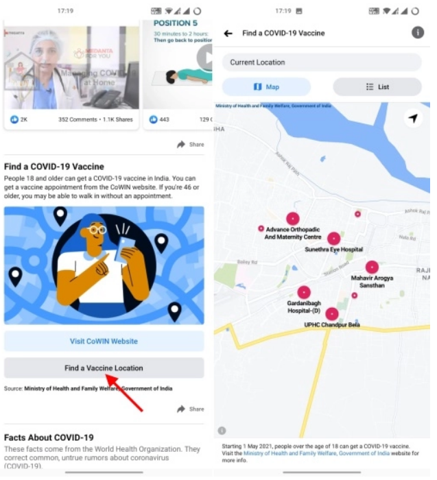 Find Nearest COVID-19 Vaccination Center From Your Location Via Facebook COVID-19 Vaccine Via Finder Tool
