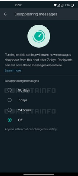 Screenshot showing 90-Days Disappearing Messages feature option